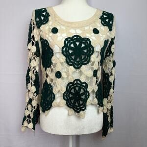 Vintage Rebellion Soft Retro Femme Crochet Floral Knit Sweater Green Cream M